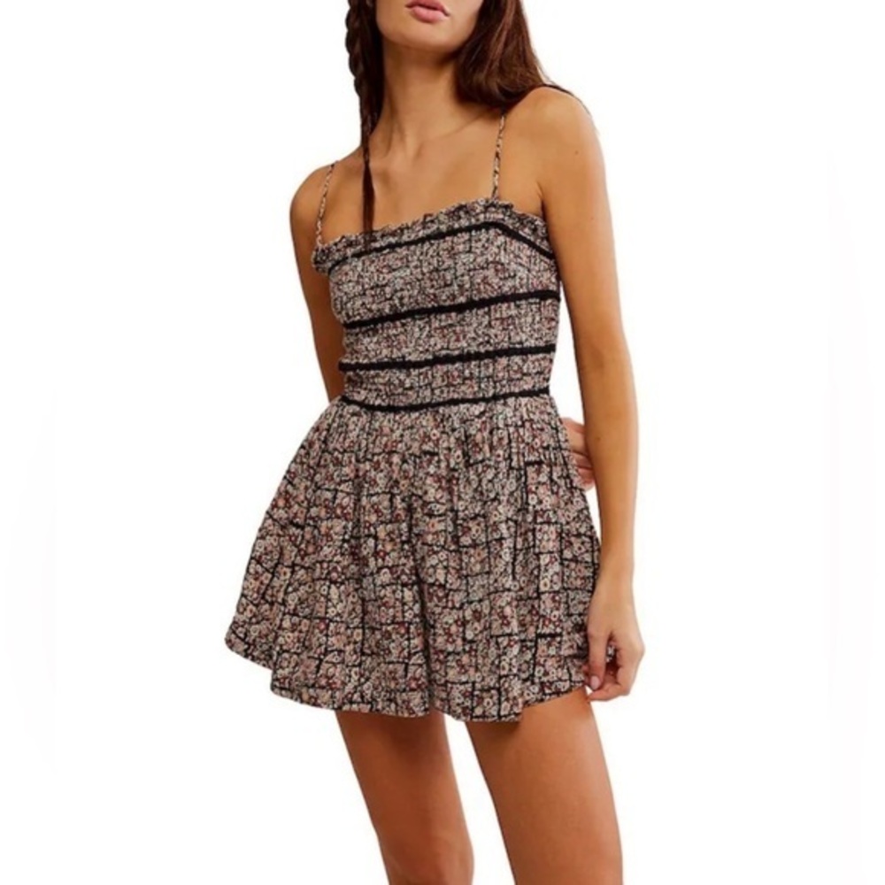 NWT Free People Women’s Large Bali Checked Out Printed Romper Dress Cotton L